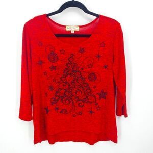 Christmas Sweater Red Long Sleeve With Black Christmas Tree and Ornaments